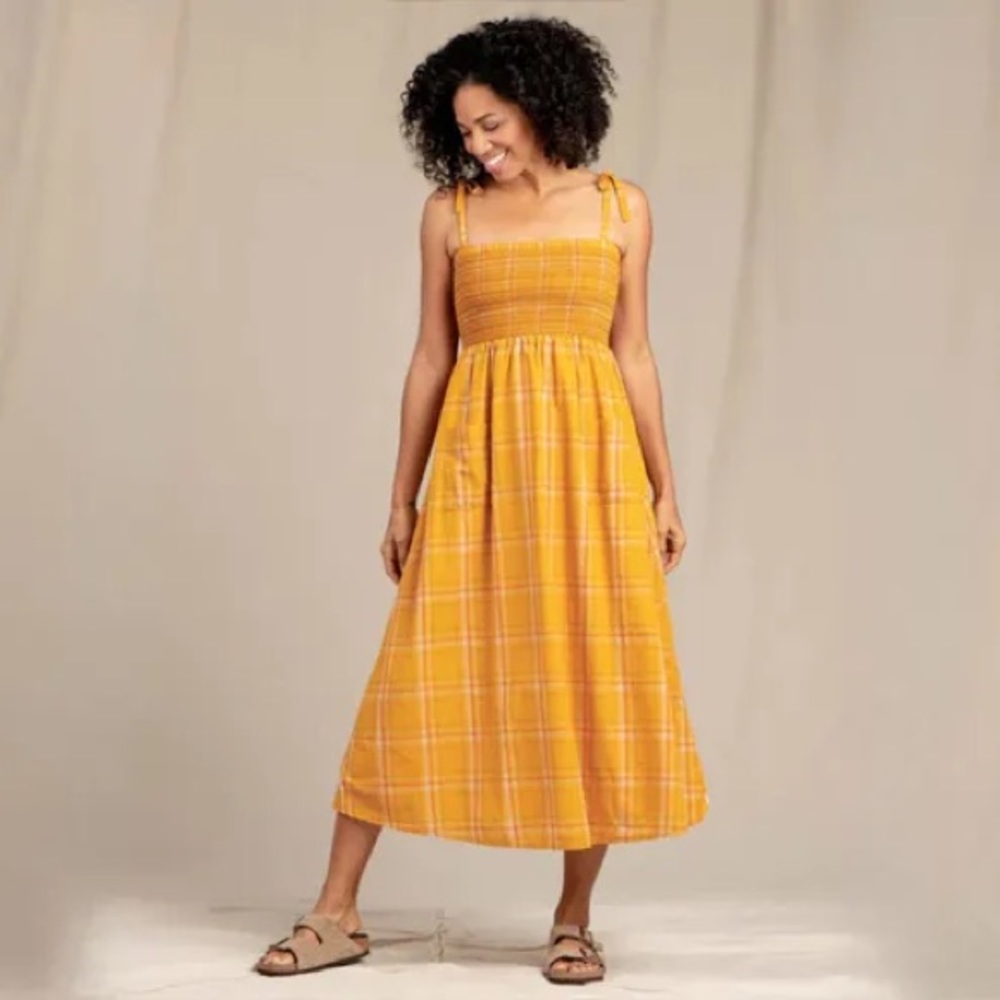 🌹 Toad&Co Willet Maxi Smocked Sleeveless Dress Mustard and Yellow Orange Med